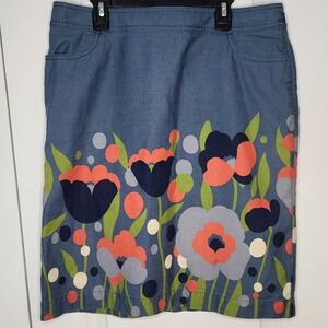 Boden Floral Print Denim Skirt Blue Orange Gray Women's US 10 UK 14